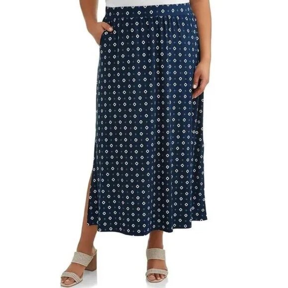 TERRA & SKY WOMEN'S NAVY/WHITE 2 SIDE SLIT MAXI SKIRT W/POCKETS 0X (14W)-EUC - Picture 2 of 9